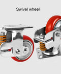 Heavy Duty Spring Loaded Swivel Caster Wheels With Brake Premium Polyurethane Tires, close-up of red wheel with galvanized plate.