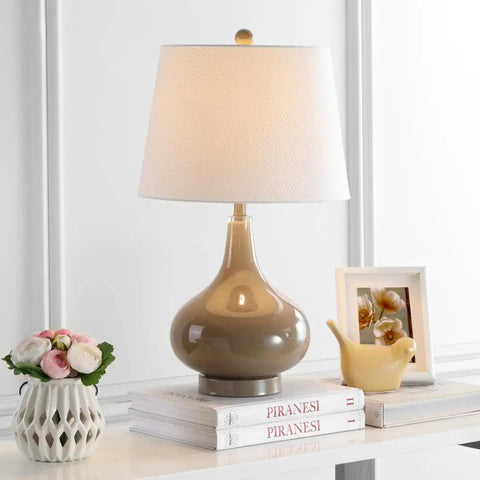 Taupe Gourd Glass Table Lamps Set Of 2 With White Cotton Shades For Living Room Bedroom Home Office Modern Contemporary Lighting 24 Inch LED Bulbs Included