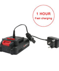 Heavy Duty Cordless Air Blower And Vacuum Cleaner Kicking Serious Dust Sawdust Debris Straight Up With Fast Charge Port battery charger.