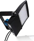 Side angle of black NextGen III 150W LED Flood Light With 21,000 Lumens And 5000K Cool White, Photocell Mount visible