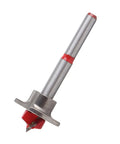 Pocket-hole drill jig; silver metal shaft with red indexing band and red drill tip