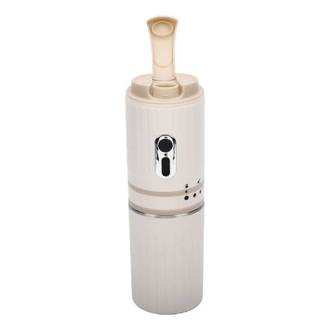 Portable Travel Coffee Maker With Built In Grinder 16 Oz Brew Cup One Touch Manual Drip Brewer sleek cream colored design with handle.