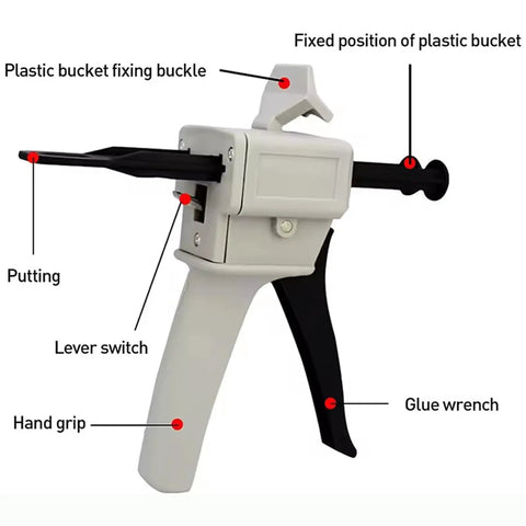 One To One Glue Gun For Epoxy Resin 50ml showing components like hand grip, lever switch, and glue wrench, DIY Friendly Manual Dispenser Kit.