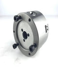 High-Performance K11-80 Metal Lathe Chuck, 80mm 3-Jaw Scroll Design For Mini Mills And Woodworking Tools, showing steel structure and mounting features.
