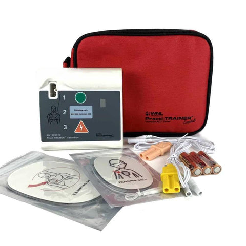 Practi-Trainer Essentials AED training kit by WNL with reusable pads and red carry case