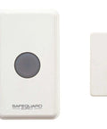 Long Range Wireless Doorbell Kit For Home And Biz With Dual Function Transmitter That Acts As Push Button Or Magnetic Door Contact, 4000 Feet Range, Heavy Duty Weatherproof, Signals Penetrate Concrete, Metal, Brick. Image shows wireless doorbell and transmitter.