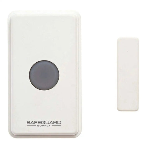 Long Range Wireless Doorbell Kit For Home And Biz With Dual Function Transmitter That Acts As Push Button Or Magnetic Door Contact, 4000 Feet Range, Heavy Duty Weatherproof, Signals Penetrate Concrete, Metal, Brick. Image shows wireless doorbell and transmitter.