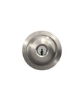 F51A Plymouth Door Knob With Keyed Entry Lock In Satin Nickel Finish, front view showing keyhole and satin nickel surface