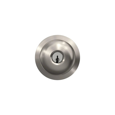 F51A Plymouth Door Knob With Keyed Entry Lock In Satin Nickel Finish, front view showing keyhole and satin nickel surface