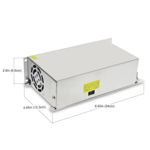 Beefy 24V 25A 600W Power Supply Adapter SMPS Switch Mode DC Converter with dimensions and cooling fan visible.