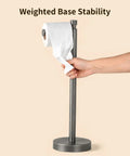 Built Tight Free Standing Toilet Paper Stand With Heavy Weighted Base And Brushed Graphite Finish, highlighting easy roll swaps.