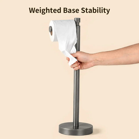 Built Tight Free Standing Toilet Paper Stand With Heavy Weighted Base And Brushed Graphite Finish, highlighting easy roll swaps.