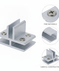 Heavy Duty Aluminum Glass Partition Clip Connector for Shelves and Cabinets, seamless panel mount hardware with silver finish, screws visible