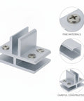Heavy Duty Aluminum Glass Connector Clip for Display Cabinets and Office Partitions Silver Finish with screws close-up