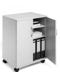 Heavy Duty Multifunction Closed Trolley In Grey with shelves open revealing stored files and documents
