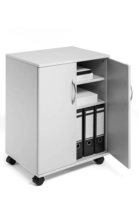 Heavy Duty Multifunction Closed Trolley In Grey with shelves open revealing stored files and documents