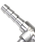 Close-up of stainless steel 3-way hose barb tee fitting with 3/16 inch barbs
