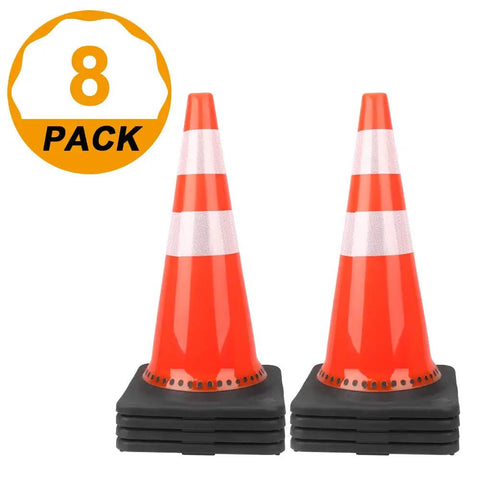 28 Inch Traffic Cones Set Of 8, Heavy Duty Plastic Road Cones With Weighted Base, Orange PVC Safety Cones, Reflective Strips