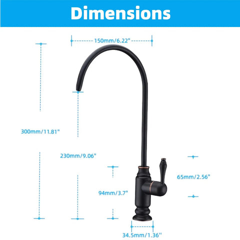 Dimensions of Oil Rubbed Bronze Water Drinking Faucet For Filtration Systems, brass body sink faucet with ceramic disk valve.