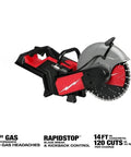Heavy Duty 14 Inch Cordless Power Cut Off Saw Built Like A Tank For Knocking Out Clean Slots In Concrete And Steel Rebar With Instant Kickback Guard and Push Button Activation side view with blade.