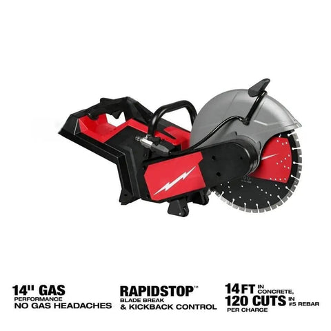 Heavy Duty 14 Inch Cordless Power Cut Off Saw Built Like A Tank For Knocking Out Clean Slots In Concrete And Steel Rebar With Instant Kickback Guard and Push Button Activation side view with blade.