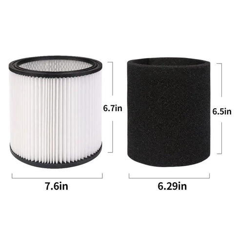 Replacement HEPA Cartridge Filters With Lid For 5 Gallon And Up Wet Dry Vacuums Fits 90304 90350 90333 2 Pack shown with dimensions