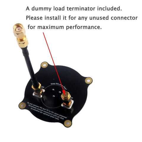 5.8GHz Triple-Feed Patch Antenna With 9.4dBi Beefed-Up High Gain, Directional Circular Polarization LHCP RHCP, showing dummy load