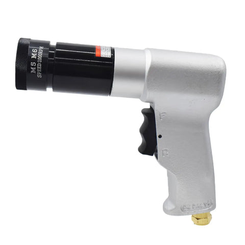 Pro Grade Pneumatic Rivet Nut Tool Kit With M5 And M6 Heads, shown from side view with handle and connector