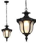 Rustic Victorian Outdoor Pendant Light E26 Waterproof Aluminum Hanging Lantern in black grape frame, adjustable suspension.
