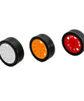Three colorful wheels from 20 Piece Toy Car Wheel Set With 10 Round Shaft Axles For RC Cars, Trucks, Robots, Boats And Helicopters, Rubber Tires