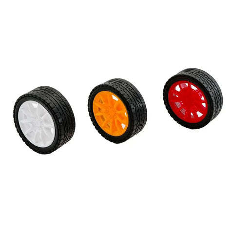 Three colorful wheels from 20 Piece Toy Car Wheel Set With 10 Round Shaft Axles For RC Cars, Trucks, Robots, Boats And Helicopters, Rubber Tires
