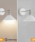 Set Of Two Battery Operated Wall Sconces With Remote Control, white LED wall lamp showing on and off lighting mode.