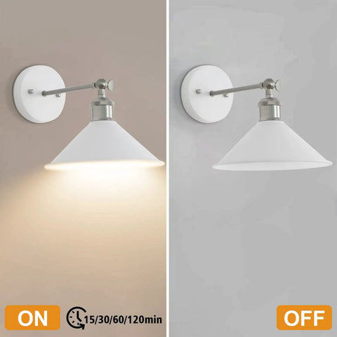 Set Of Two Battery Operated Wall Sconces With Remote Control, white LED wall lamp showing on and off lighting mode.