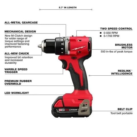 Badass Half Inch Brushless Compact Drill Driver Kit With An All Metal Gear Housing And Slick Chuck Handle Built Different For Heavy Duty Job Site Grunt Work side view highlighting features and specs.