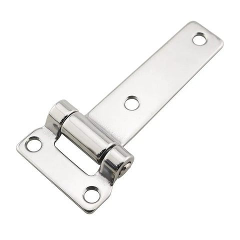 Close-up of 304 stainless T-shape hinge from Two Pack 304 Stainless Steel T Shape Hatch Cover Hinges Five Point Three Inches Long For Containers.