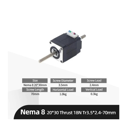 NEMA 8 Stepper Motor Linear Actuator with Through Type Leadscrew Tr3.5 Thread 20X25 and 20X30 mm Mounting 70mm stroke and 18N thrust.