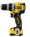 Rock Solid 12V Max Brushless Cordless Five In One Drill Driver Kit Featuring Dual Speed Transmission Built In LED Work Light Compact Frame Four Quick Swap Attachments And Pro Grade Motors For Nitty Gritty Tasks side view of DEWALT 12V brushless drill driver with compact design and battery