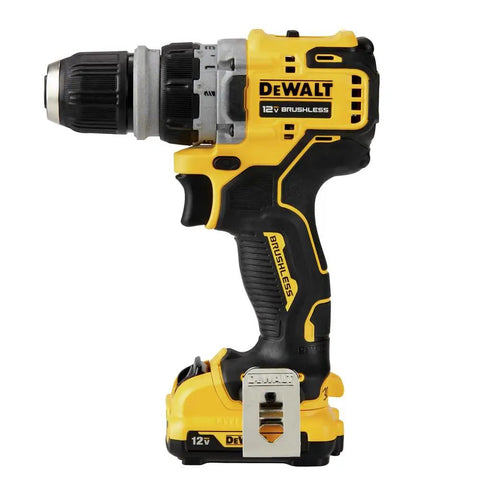 Rock Solid 12V Max Brushless Cordless Five In One Drill Driver Kit Featuring Dual Speed Transmission Built In LED Work Light Compact Frame Four Quick Swap Attachments And Pro Grade Motors For Nitty Gritty Tasks side view of DEWALT 12V brushless drill driver with compact design and battery