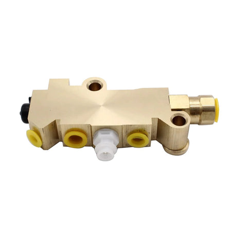 Side view of brass PV2 combination proportioning valve with yellow port seals and white connector