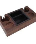 Legit Premium Walnut Wood Coffee Tamping Station with stainless steel knock box and adjustable height tamper base.