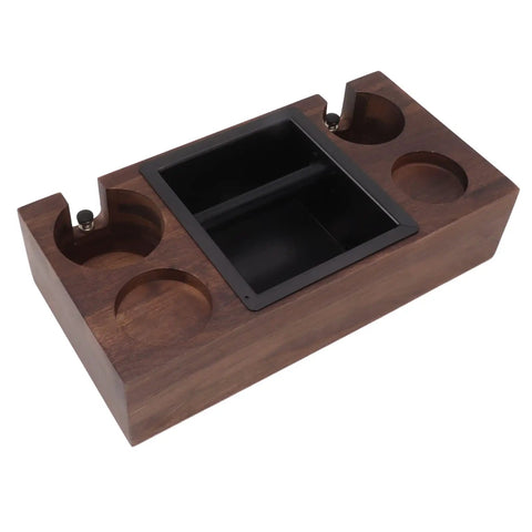 Legit Premium Walnut Wood Coffee Tamping Station with stainless steel knock box and adjustable height tamper base.