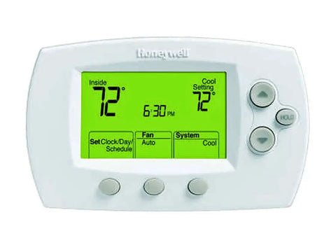 FocusPRO 6000 Programmable Thermostat With Large Backlit Display showing temperature control settings, white.