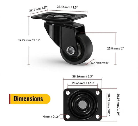 Low Profile One Inch Caster Wheels For Furniture Set Of Four Big Time Mobility With Zero Fuss TPR Rubber Cabinet Casters Floor Safe dimensions showing measurements.