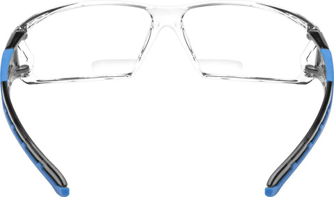 Front view of Top Tier Anti Fog Safety Glasses With Blue Bifocal Readers And Plus Point Five Magnification, clear polycarbonate lenses.