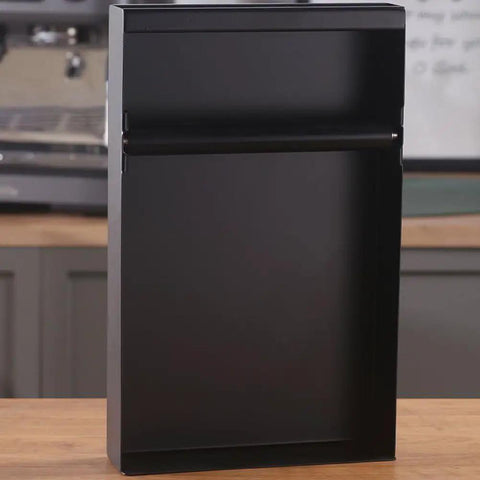 Espresso Knock Box Drawer For Coffee Grounds Storage And Dump Slide Out Bin in black on kitchen counter