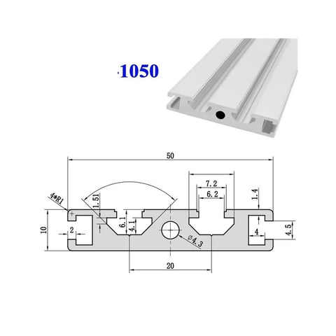 Heavy Duty 1050 Aluminum Profile Linear Rail For CNC And 3D Printer Frames detailed dimensions and design view, showing structural features.