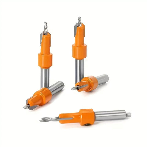Heavy-Duty Countersink Drill Bit Set, 5-Piece With 8/10mm Round Shanks And 2.8-4mm Conical Bits, ideal for woodworking.