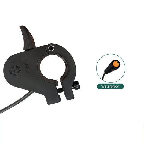 Close-up of waterproof thumb throttle controller for Bafang mid drive e-bikes, showing 3-pin plug and grip design.