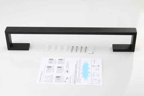 Heavy Duty Square Base Wall Mount Towel Rack Built To Last In Matte Black SUS304 Stainless Steel Bar 16 Inch with hardware and instructions