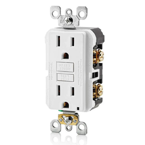 Slim GFCI Receptacle 15 Amp White Outlet Featuring Smart Ground Fault Shutoff And Hassle Free Reset for home safety.